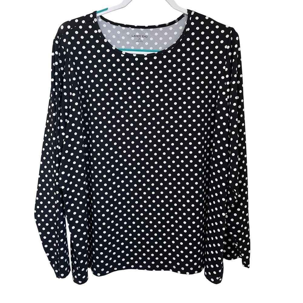 Lands End Womens Size 2X Black White Polka Dot Long Sleeve Rashguard Top UPF 50